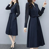New Women's Spring Dress V-Neck Waist-Skinned Bottom Dress French Long-Sleeved Elegant Chiffon Dress