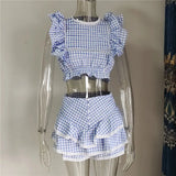 Plaid Ruffle Crop Top And Shorts Set-Outfit