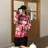 Women Korean Christmas Vintage Red O-Neck Twist Loose Casual Korean Knitting Pullovers Thicked Warm