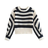 Women Fashion Striped Casual Knitting Sweater Autumn Female Chic O Neck Pullover Hollow Out Tops