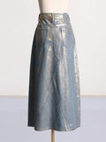 Toloer 2024 New Street Trend Wind Hot Gold Design Sense A Line Skirt Fashion High Waist Show Skinny Denim Skirt-Outfit