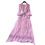 High-End Temperament Fashion V-Neck Lantern Sleeve Strap To Close Waistguel Dress Female Elegant Long