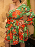 Size Botanical Print One-Shoulder Layered Dress with
