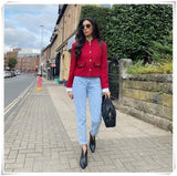 Solid Red Woolen Tweed Blazer Jacket Fashion Autumn Winter Office Ladies Crop Tops Vintage Female Coat Veste Femme Abrigo