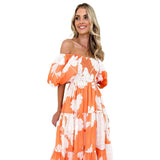 Spring And Summer Temperament Elegant Print Shoulder Bubble Sleeve Fashion