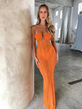 Patchwork See Through Maxi Slim Dress Women Sexy Mesh Coquette Strapless Fit Beach Party Recreation Metal Ring Vestido-Outfit