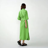 Elegant Lace Up Robe Dress Summer Wrap Long Dresses Women Casual Loose Half Sleeve Cotton Linen Office Blazers