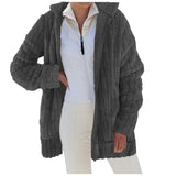 Toloer Autumn / Winter Warm Plush Pure Color Zipper Pocket Hooded Loose Coat Female-Outfit