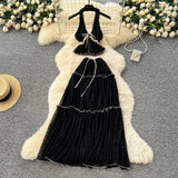 Holiday Suit Female Summer Sexy Hanging Neck V Neck Bare Back Chiffon Top High Waist Half Skirt