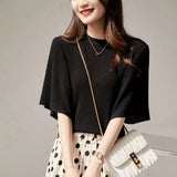 Toloer Wan Feminine Taste Splicing Flounce Sleeve Comfortable Round Collar Knitting Five Minutes Sleeve Jacket Female-Outfit