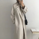 Autumn Winter Women Solid Color Long Wool Coat With Belt Female Elegant Office Long Sleeve Outerwear With Pockets
