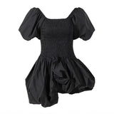 Black Mini Dress For Women Square Collar Short Sleeve High Waist Casual Solid Dresses Female Fashion Clothing