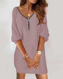 Wise Hot Style Autumn And Winter Simple Pure Color V-Neck Knit Long Sleeve Dress Women's Clothing-Outfit