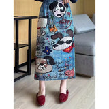 Folds 2025 Spring And Summer New Fashion High-Rise Thin Cartoon Puppies Print Half-Dress Women's