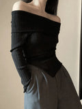 Split Off Shoulder Ribbed Knit Top-Outfit