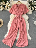 V Neck Jumpsuits Summer Female Irregular Casual Rompers Women Wide leg Summer Overalls