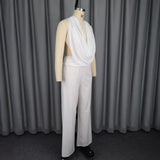 Hanging Neck Deep V Blouse Temperament Fashion Pure White Broad Leg Pants Two-Piece