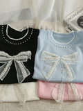 version nail bead mesh bow round neck short sleeve top women's 2023 new waist closing thin knitted