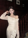 Blouse Women Bowknot Off Shoulder Flare Sleeve Elegant Fairy Slash Neck Spring Summer Tops Ladies Fashion Shirts Chic-Outfit