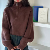 Sense Half-High Collar Zipper Red Knitted Shirt Women's Short Autumn And Winter New High-Waist Sweater Loose Thick