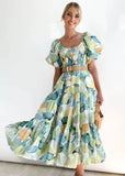 Summer New Bubble Sleeve Holiday Show Skinny Dress Babes High-Waisted Shoulder-Print Dress Dress