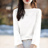 Toloer And Summer Thin Round Collar Jacquard Wool Knit T-Shirt Women's Seven Minute Sleeve Solid Color Bottom Sweater Middle Sleeve Cashmere Top-Outfit