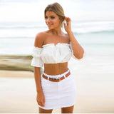 Toloer Women's Short Crop Summer Lantern Sleeves Sexy Shoulder With Frilly T-Shirt Women's Top Direct-Outfit
