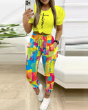 Women's Two Sets Of Short-Sleeved Commuting Print Trousers