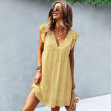 V Neck Floral Print Short Dress Sexy Yellow Women Summer Dress with Lining Lady Ruffle Sleeve Casual Loose Outfit