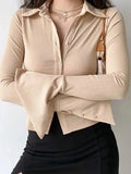 Polo Neck Long Sleeve Rib Blouse-Outfit