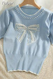 version nail bead mesh bow round neck short sleeve top women's 2023 new waist closing thin knitted
