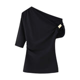 Bare Shoulder Metal Set Asymmetric Top 2025 Spring And Summer Folding Trim Short-Sleeved Women's