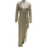 Dress Dress Tuxeds Slices Waist Deep V Long Sleeve Side Fork Sexy Asymmetric Dress