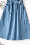 Midi Denim Skirt Women 2023 Spring Summer Safari Style Big Pocket Belt A Line Knee Length High Waist Jeans SKirt