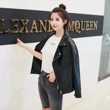 Toloer Spring And Autumn New Korean Version Of Women PU Leather Female Short Loose Small Coat Motorcycle Suit Leather Jacket-Outfit