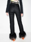 Toloer Luxury Wind Ostrich Hair Splicing Straight Pants 2024 Spring Style High Waist Foreign Style Versatile Show Thin Casual Jeans Tide-Outfit