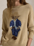 New Women's Bear Embroidered Retro Body Sweater College Style Knitted Shirt