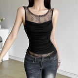 Toloer Summer Women's Sexy Hot Girl Hollow Out Lace Mesh Sleeveless Slim Small Vest-Outfit