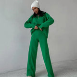 Casual Autumn Loose Knit Sweater Set Fashion Zip Lapel Long Sleeve Pullover Sweater & Straight Pants Two-piece