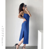 Summer New Hot Girl Sexy Fashion Flat Mouth Word Shoulder Solid Color Slim Forked Dress Woman-Outfit