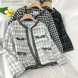 Tweed Plaid Cropped Jacket Women Spring Autumn Elegant Slim Long Sleeve Cardigan Coats Street Korean Fringe