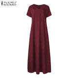 Summer Maxi Dress ZANZEA Elegant Beach Sundress Casual V Neck Vestidos Female Party Short Sleeve Robe