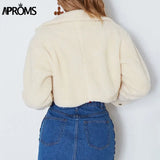 Elegant Solid Color Cropped Teddy Jacket Women Front Pockets Thick Warm Coat Autumn Winter Soft Short Jackets Female