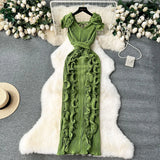 High-End High-End Light Luxury Small Frills Fold Three-Dimensional Lotus Leaf Side Of The Long Temperament Dress