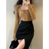 Autumn Short Knitted Sweater Women Pure Color Elegant Pullover Office Lady Y2k Crop Tops Female Korean Fashion