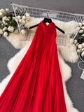 Dress Women's Spring / Summer 2024 New Heavy Industry Pleated Chiffon Neck Beach Skirt Medium Length Skirt-Outfit