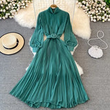 VAREY LIN New Spring Pleated Dress Women Elegant Stand Collar Solid Color Long Dress with Belt Lady Fashion Chiffon