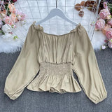New Spring Fashion All-match slash neck off shoulder Blouse ruched waist slim Ruffle Shirt