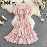 Sexy Square Collar Short Sleeve Women Midi Dress Beach Vacation Party Robe Female Elegant High Waist