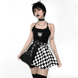Dark Fashion Thousand Bird Plaid Spliced Skirt 2024 Summer French High Waist Style-Outfit